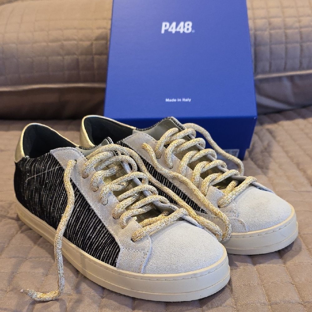 P448 Low-Top Sneakers in Light Gray, Black & Gold Glitter